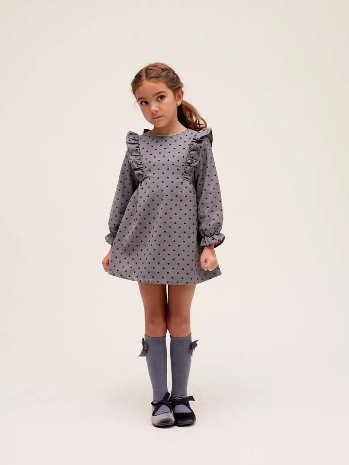 Vestito grigio con cuoricini in velluto