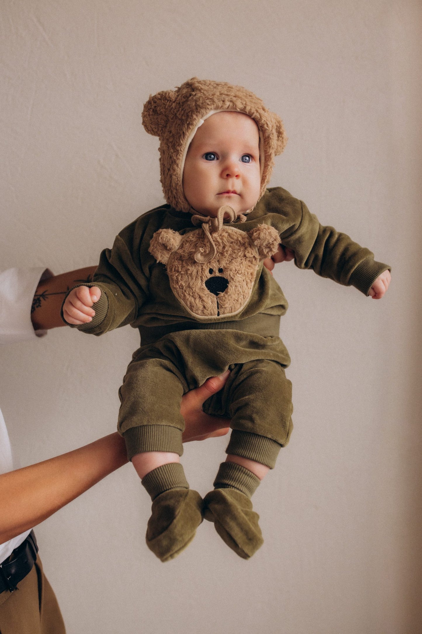 Felpa Neonato Orsetto Ricamato - Cotone GOTS Rosa Beige Verde Woolyorganic felpa