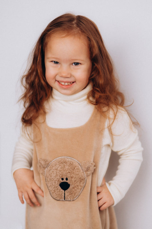 Abito Scamiciato Velluto Bambina - Orsetto Ricamato Cotone GOTS