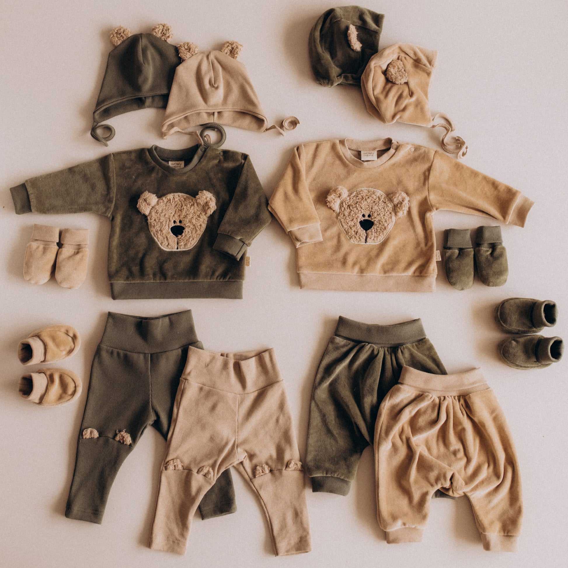 Felpa Neonato Orsetto Ricamato - Cotone GOTS Rosa Beige Verde Woolyorganic felpa