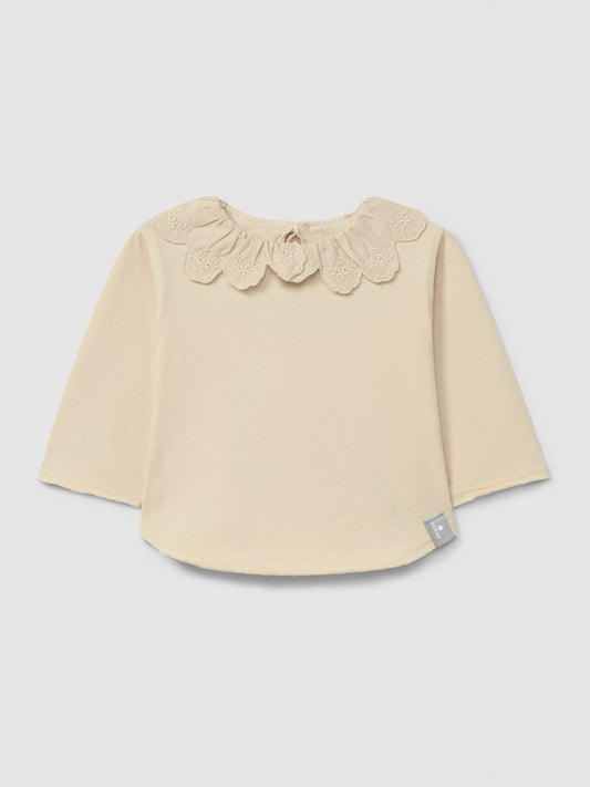 Maglia in cotone biologico a maniche lunghe con colletto inglese ricamato con volant