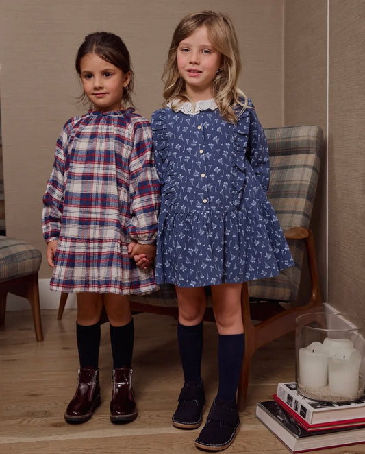 Abito in flanella scozzese blu e bordeaux vestito